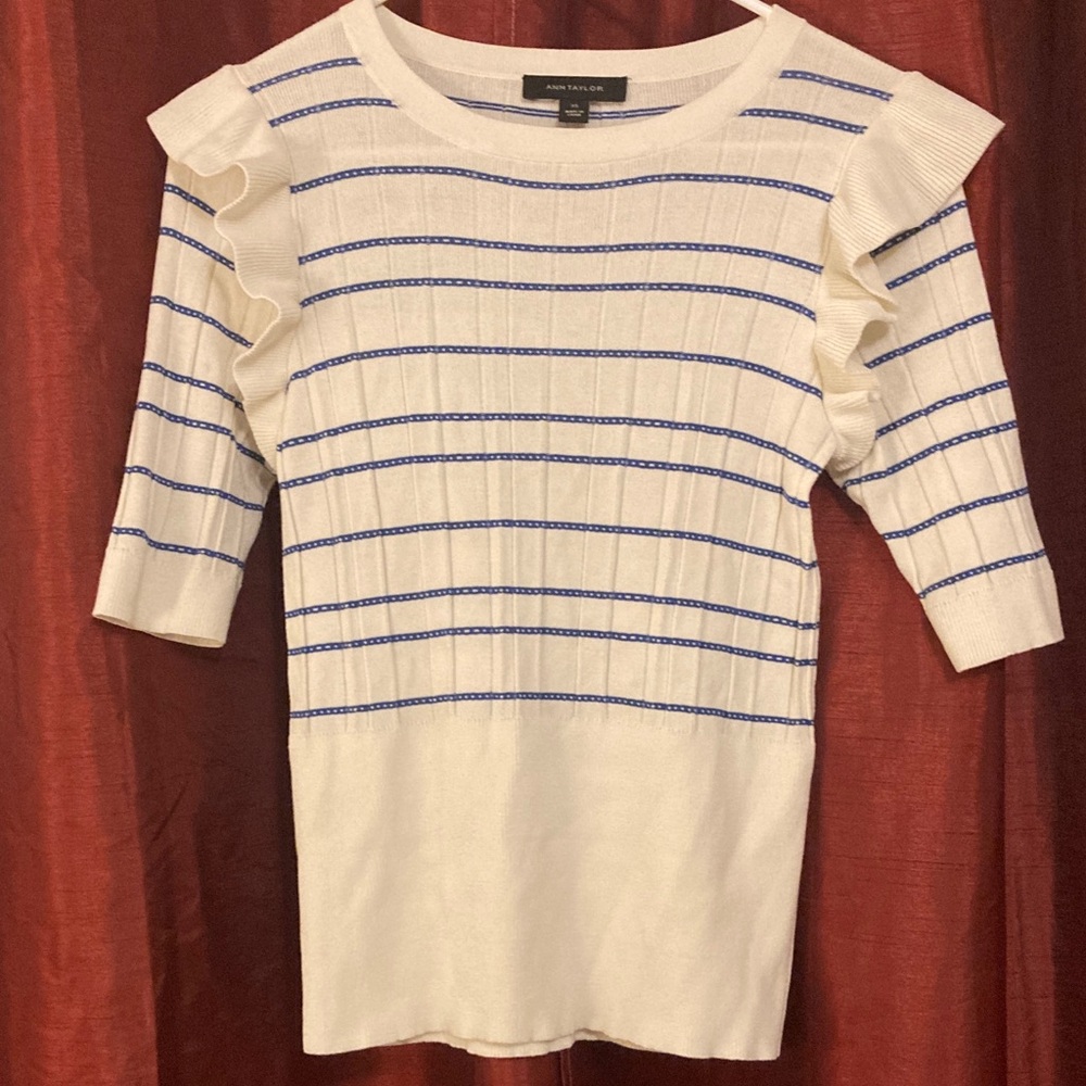 Ann Taylor Cream and Blue Ruffle Sleeve Top